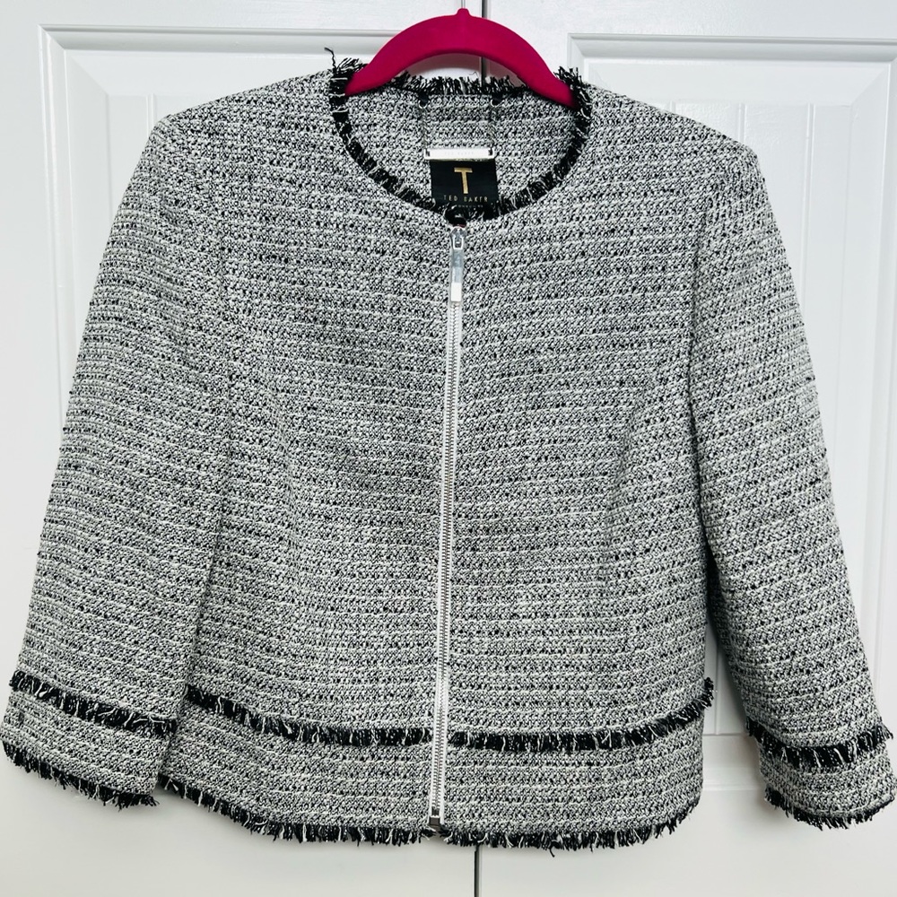 BRAND NEW - Ted Baker Contrast Panel Boucle Fringe Tweed Jacket - Size 2 (US4-6)